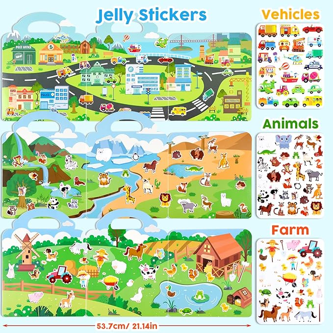 ASTARON 3 Set Reusable Sticker Book for Kids, 3D Stickers Portable Travel Toys and Educational Sensory Learning Toy Toddler Toys 3 4