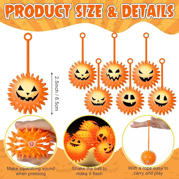 Sotiff 30 Pcs LED Halloween Pumpkin Stress Bouncy Light up Balls Spiky Squeaky Rubber Sensory Ball for Halloween Holiday Decors Gift Bag Stuffers Party Favor Fillers
