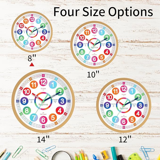 Wall Clock for Kids Learning - Teaching Time Wall Clocks Battery Operated Silent Non Ticking - Analog Colorful Clock Decorative for Kids Room Classroom School(8 Inch)