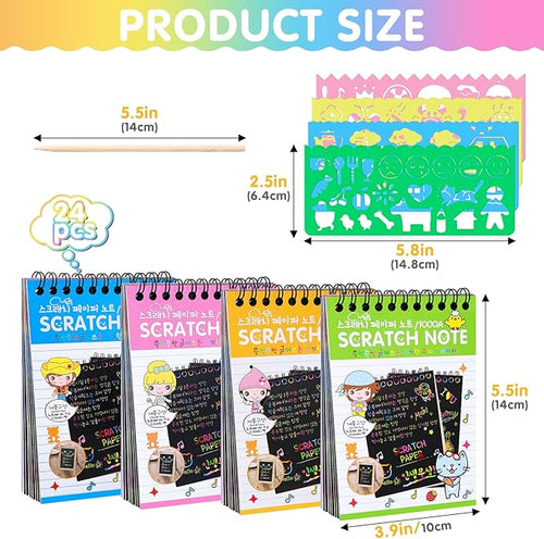 24 Pack Scratch Arts and Crafts Notebooks, Rainbow Art Scratch Note, Stuffers Essentials Gifts for Kids Ages 4-8 Birthday Party Favors Classroom Prizes