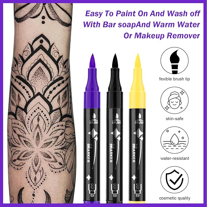 Ponhey Temporary Tattoo Markers for Skin, 12 Body Markers+67 Large Tattoo Stencils,Dual-End Tattoo Pens,Fine Lines with Cosmetic-Grade,Flexible, Skin-Safe Face Paint Kit for Kids Teenage Adults