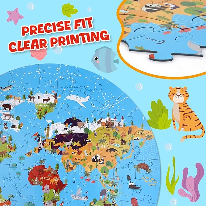 70 Piece World Map Jigsaw Puzzle for Kids 4-8, Large Round Floor Puzzles for Kids Ages Toddler Puzzle Globe Geography Games Educational Toys Birthday for Children (World Map)