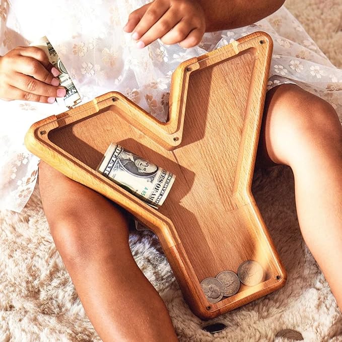 Personalized Wooden Piggy Bank – Custom Letter Y Coin Bank in Beech Wood with Clear Acrylic Front, Engraved Name Option, Money Saving Box for Kids and Adults