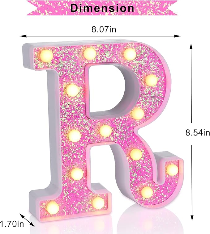 Foaky Pink Light up Letters，Pink Party Decorations,Girls Room Decor,Glitter Light Up Letters,Alphabet Letter Sign for Night Light Birthday Party Girls Gifts, Home Bar Decoration（R）