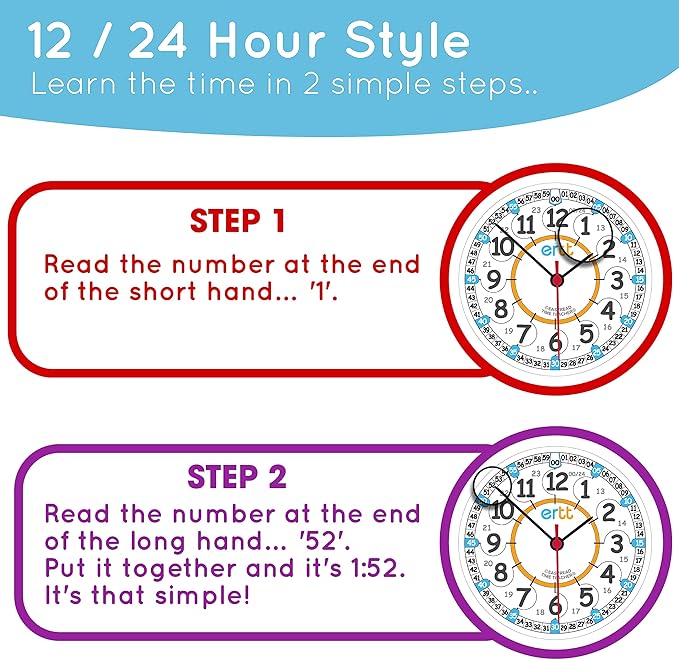 EasyRead Time Teacher Alarm Clock Kids - Telling Time Teaching Clock - Boys & Girls Alarm Clock With Rainbow 24 Hr Face & Night Light - Bedroom Clock - Kids Analog Alarm Clock 2 Step Learning System