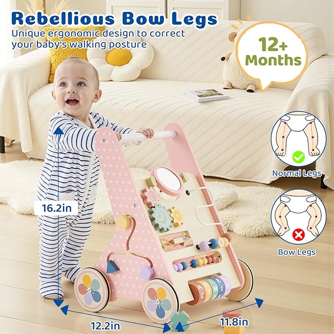 Baby Push Walker for Baby Boy 6-12 Months, Wooden Baby Walker Push Toy, Learning to Walk, Baby Walkers for Girls, Montessori Walker Toy with Wheels