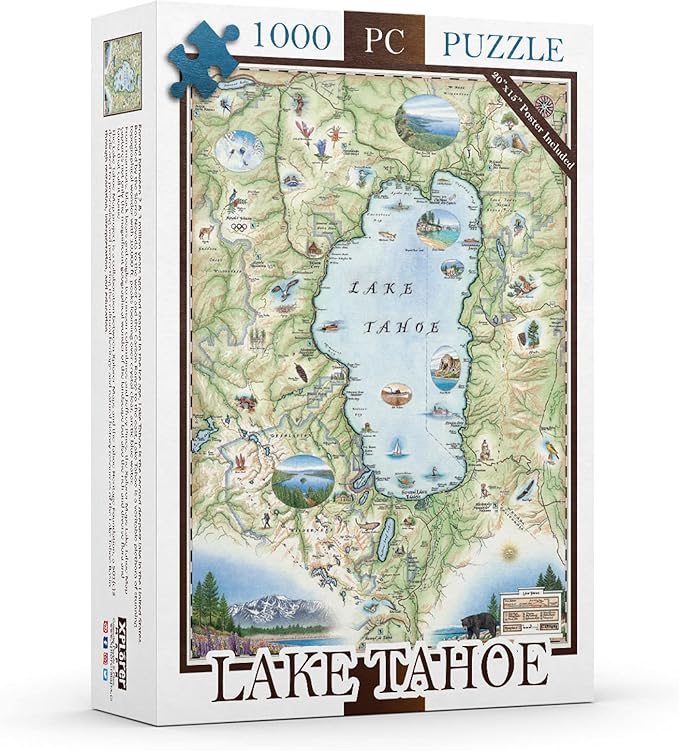 Lake Tahoe Map Cardboard Jigsaw Puzzle - 1000 Pieces, Hand-Illustrated - Educational, Family Activity, Ages 7+, Includes Poster - 25.4 x 19.8