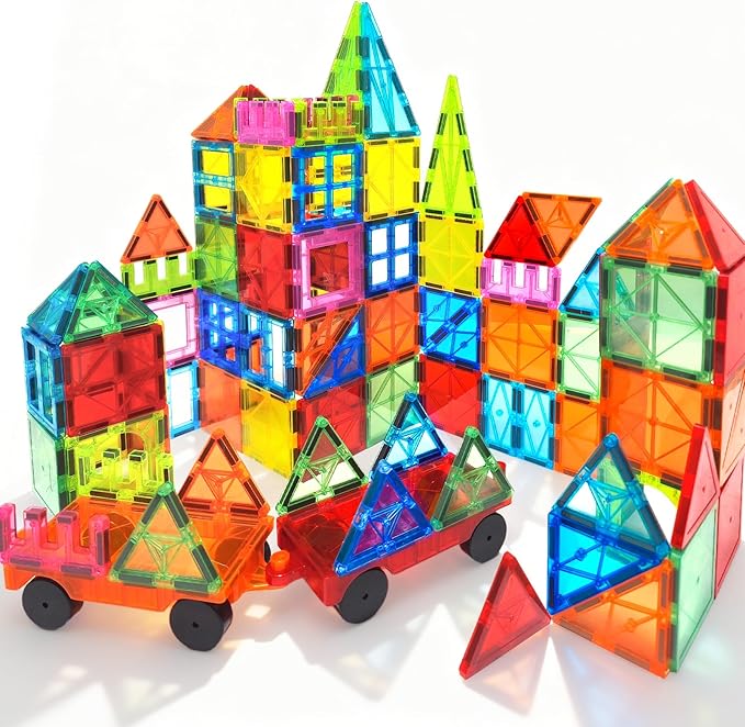 100pcs Magnetic Tiles with 2 Cars Magnetic Building Blocks for Toddlers 3 4 5 6 7 Year Old Boys Girls Educational Magnet Blocks Gift Toys for Kids Ages 4-8 Sensory Toys 1-3 Birthday Christmas