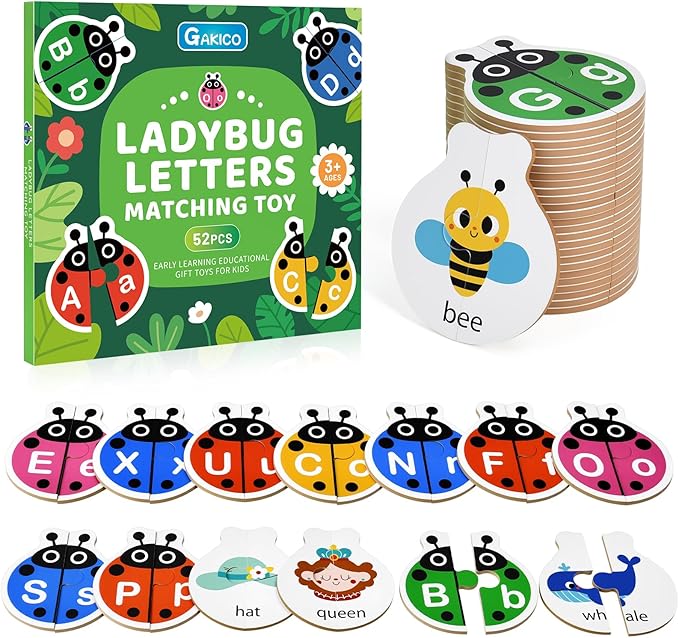 Ladybug Self Correcting Alphabet Puzzle: Letter Matching Games for Toddlers 3-5, 52pcs Double-Sided Montessori ABC Puzzles Cards Preschool Learning Activities Educational Toy Gift for Kids