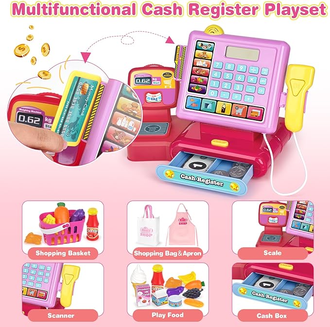 Dreamon Kids Cash Register Toy, Pretend Play Calculator Register Toys with Scanner, Apron, Credit Card, Play Food and Shopping Bag, Grocery Store Playset Preschool Gift for Kids Girls Age 3 4 5 6 7