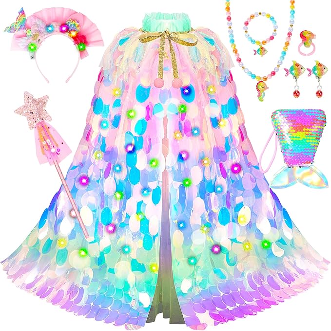 Princess Dress Up Toys Princess Dress Up Clothes Rainbow Mermaid Cape Kit 9 Pcs Gift Set for Little Girls 3-8 Years