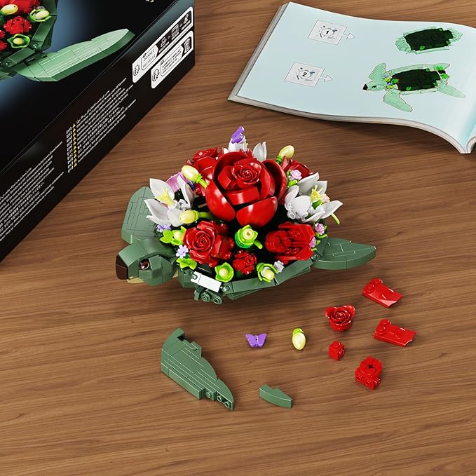 Sea Turtle Rose Bouquet Succulent Planter Building Set, Compatible with Lego Flowers Plants Pot, Creative Plants and Animals Home Decoration Blocks Toy, Gifts for 6+ Girls, Women (588PCS)