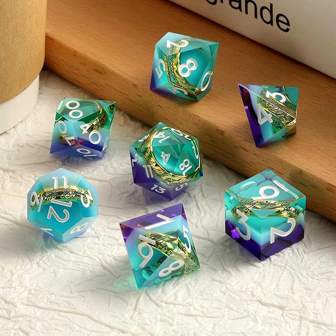 DNDND Mixed Purple & Aqua Blue Dice Set with Golden Rings Inside - 7-Piece Sharp Edge RPG DND Dice in Metal Case, Collector's Gift