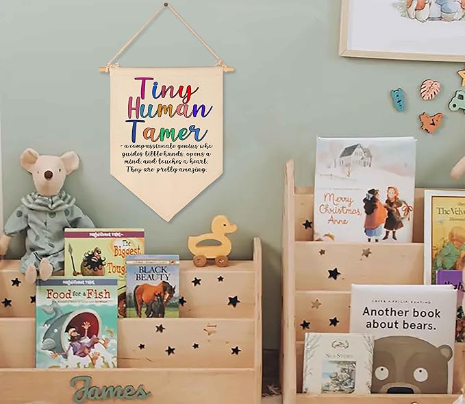 Tiny Human Tamer-Faculty Appreciation-Preschool Teacher-Thank You Gift for Nursery Teacher-End of Term Gift for Daycare Teacher,Nursery Worker-Canvas Hanging Pennant Flag Banner Wall Sign Decor