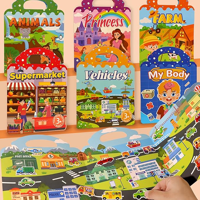 ASTARON 6 Pack Reusable Sticker Book, 3D Stickers for Toddlers 3-4 Years, Portable Travel Toys and Busy Book for Kids 3 4 Year Old Girls Boys