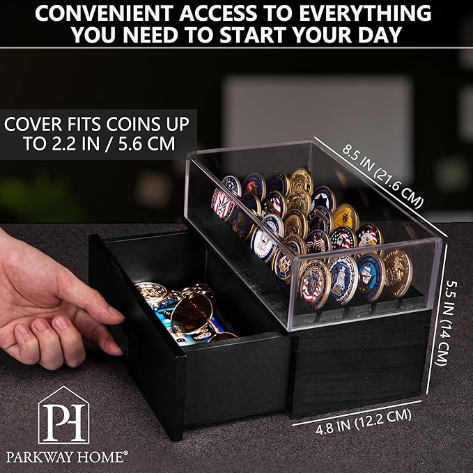 Black Wooden Challenge Coin Display Case with Clear Cover - Medium Military Coin Display Case Holds 20 Coins on Top & 16 in The Storage Drawer - Versatile Coin Stand Holder & Poker Chip Display Case