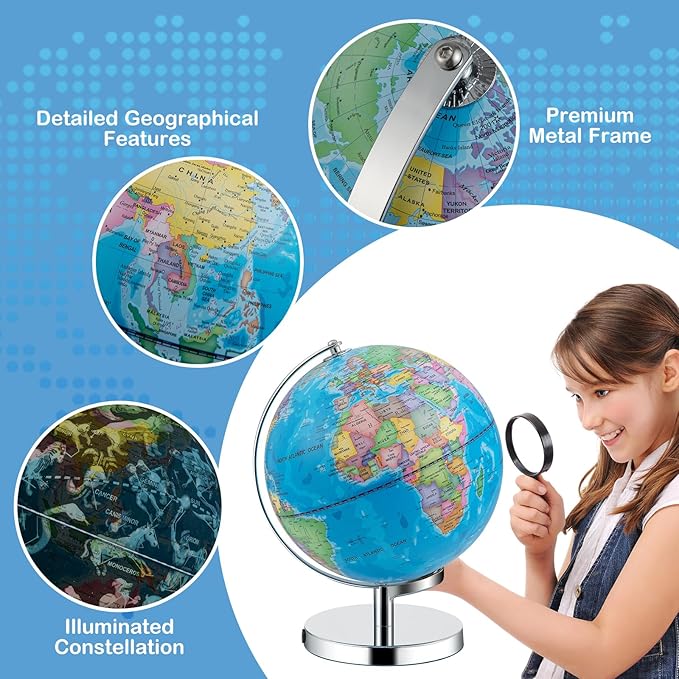 Nightcore World Globe for Kid Learning, 9'' Educational Classic World Globe with Metal Stand& Built-in LED Night Light, 88 Illuminated Constellations View, Desk Decoration Earth Map for School, Home, and Office