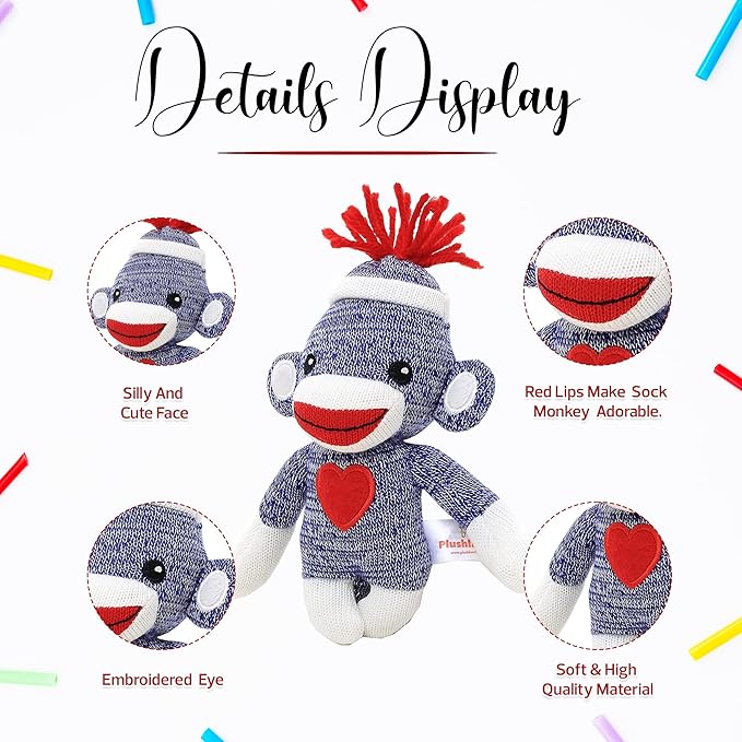 Adorable Sock Monkey 6 Inches, The Original Traditional Hand Knitted Stuffed Animal Toy Gift-for Kids, Babies, Teens, Girls and Boys Baby Doll Present Puppet (Blue)