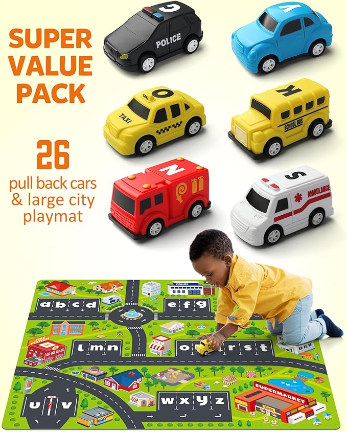 Coogam Alphabet Maze, 26pcs Pull Back Car with Play Mat Preschool Letter Matching Game for 3 4 5 Years Old, Montessori Educational Fine Motor Gift Toy for Toddler Kids