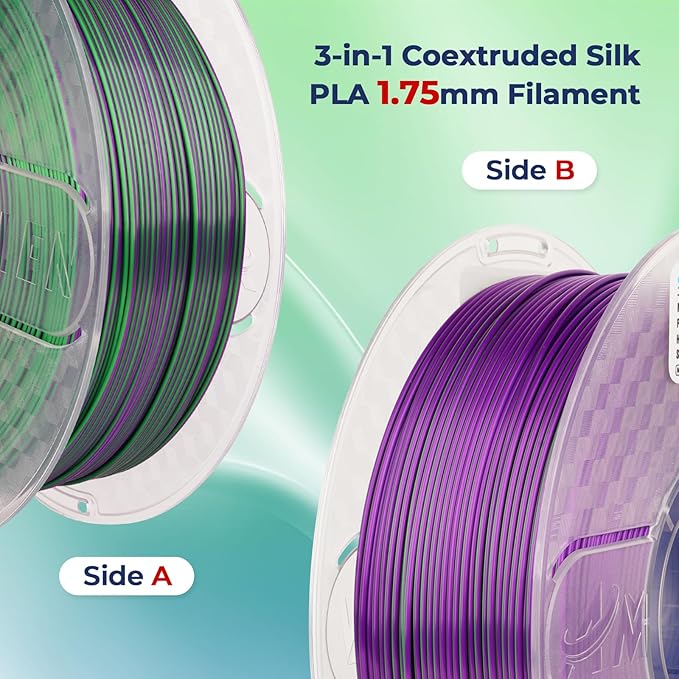 AMOLEN 3D Printer Filament, Triple Colors PLA Filament 1.75mm, Coextrusion Silk PLA Filament, Rainbow PLA Filament with Silk PLA Blue Green Purple, 3D Printing Filament +/-0.02mm, 1kg/2.2lbs