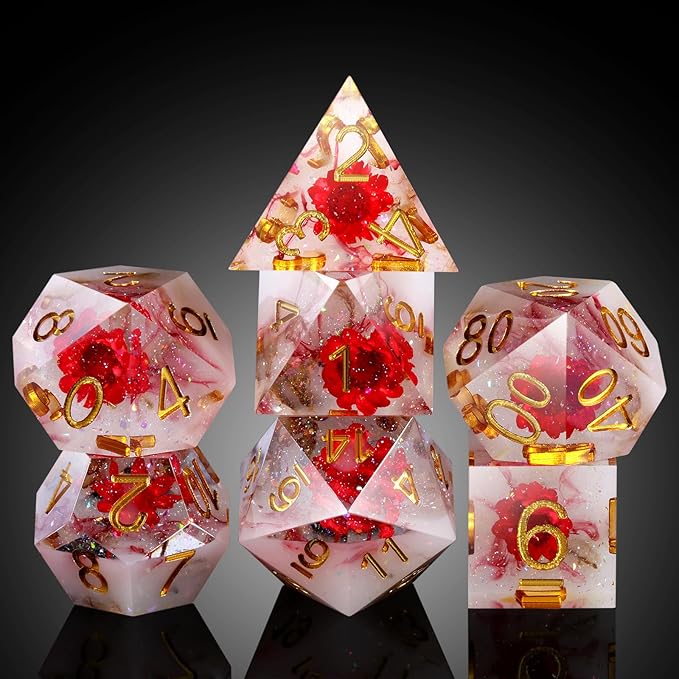Flower D&D Dice ,DNDND Handmade Resin Sharp Edge Die with Gift Case for D&D Dungeons and Dragon Games (Red Flower)