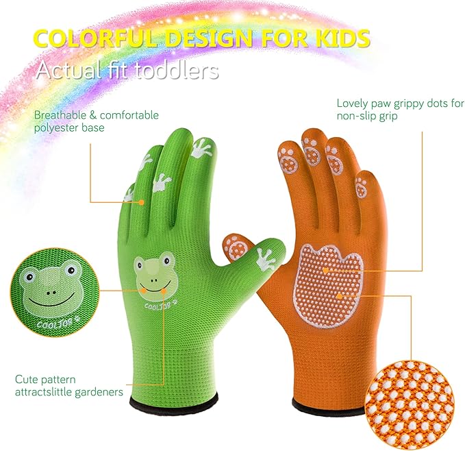 COOLJOB Breathable Toddler Work Gloves for Gardening Boy Girl Ages 4-6 Medium, Nylon Kids Garden Gloves with Grip, Children Yard Gloves for Digging Weeding Landscaping, Green & Orange, 2 Pairs