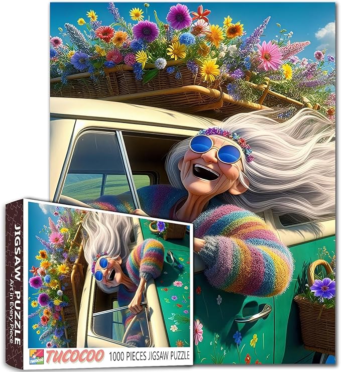 Colorful Grandma Driving Jigsaw Puzzle 1000 Piece for Adults Students 20×27 Inches Floral Hippie Retro Car Theme Vibrant Flower Design Puzzles Relaxing Gift Home Decor Stress Relief Challenge
