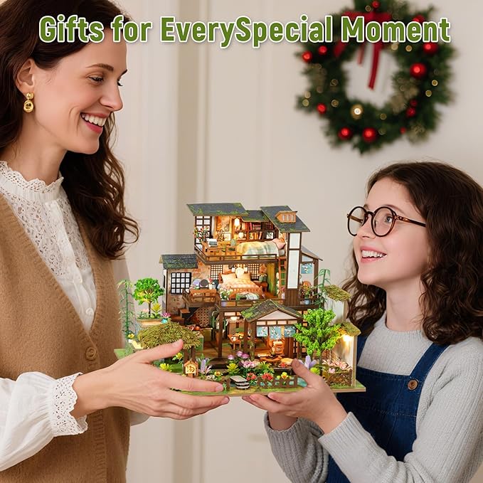DIY Miniature House Kit with LED Lights, Bamboo Spring Courtyard Wooden Mini House Building Kit for Adults & Teens, Creative Crafts for Women, Friends & Hobbyists