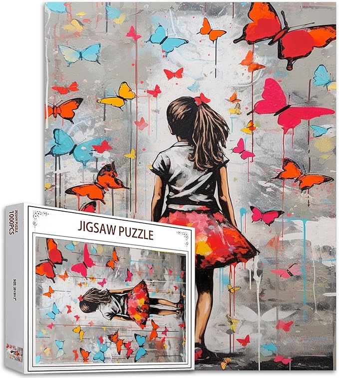Tucocoo 1000 Piece Jigsaw Puzzles for Adults Colorful Butterfly Painting Jigsaw Puzzle Banksy Girl 1000 Pieces Puzzles for Challenging Family Activity Game Graffiti Street Art DIY Puzzle Wall Decor