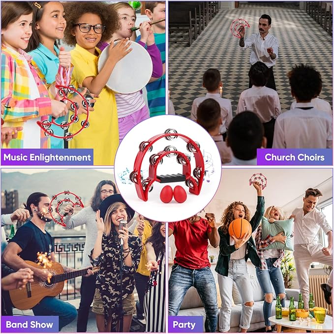 Tambourine Musical Instrument for Adults - 10 Inch Tambourines Half Moon with Egg Shakers Double Row Metal Jingles Handheld Percussion Instruments for Church Dance Party Events KTV (Red)