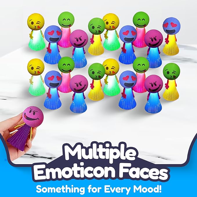 Liberty Imports 24 PCS Jumping Emoticon Popper Spring Launchers LED Light Up Toy Bouncy Party Favors Supplies and Goodie Bag Fillers for Kids, Toddlers (Light Up)