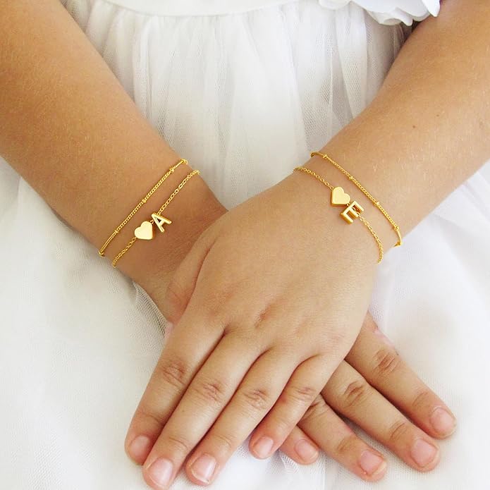 M MOOHAM Initial Heart Bracelets for Women - Layered Dainty 14K-Gold-Plated Heart Letter A-Z Charm Bracelets for Women, Chain Link Charm Bracelets Beaded Bracelets Birthday Gifts Womens Jewelry