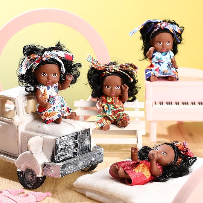 Hanaive 4 Pcs 4 Inch Mini Baby Dolls Lifelike Realistic Baby Dolls Animal Clothes Cute Tiny Gifts for Kids Birthday Party (Black Style)