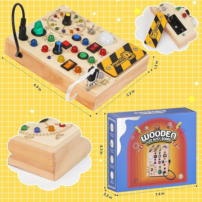 Montessori Busy Board Toys: Wooden Sensory Toy for Toddler with LED Light Up Switch, Educational/Christmas/Birthday Gifts for 1-3 Year Old Boys & Girls