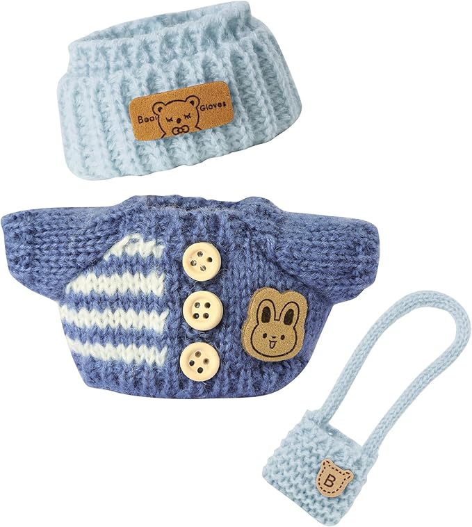 17cm Doll Outfits for Labubu - Kawaii Chic Style Set for 17cm Dolls, Cute Doll Clothes with Accessories -Button Up Stripe Blue Sweater + Blue Hat + Blue Bag (Clothes Only)