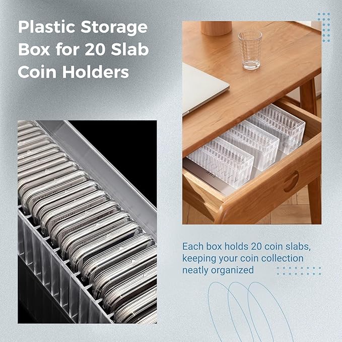 Plastic Coin Storage Box, 3 Packs Coin Holder Organizer Boxes with 20 Slots, Plastic Storage Cases Set for 60 Slabs, Compatible with PCGS NGC PMGab Holders(Include Boxes Only)