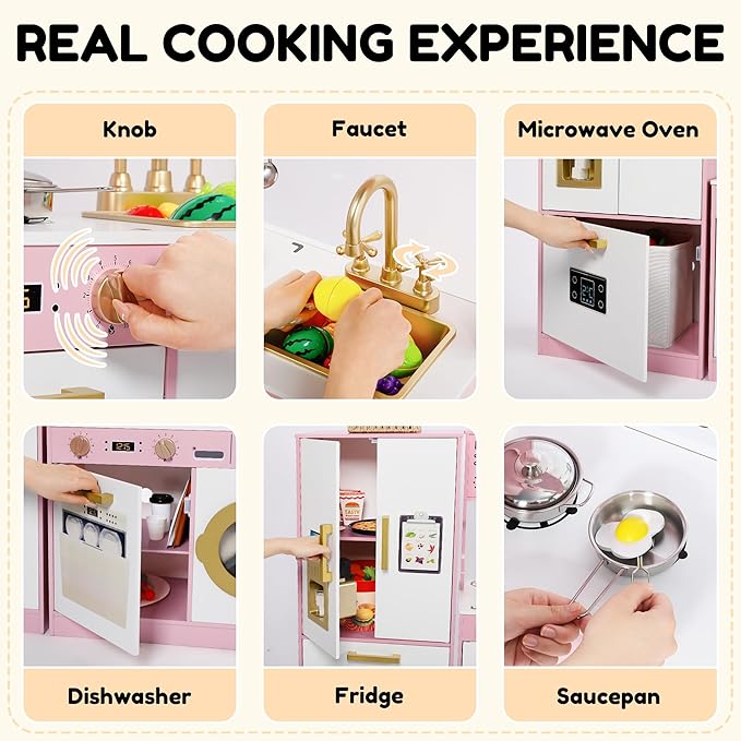 Play Kitchen Sets for Kids, Pretend Wooden Kids Kitchen Playset, Interactive Toy Kitchen with Freezer, Washing Machine, Ice Maker & Large Storage Space, for Boys Girls Ages 3+, Pink