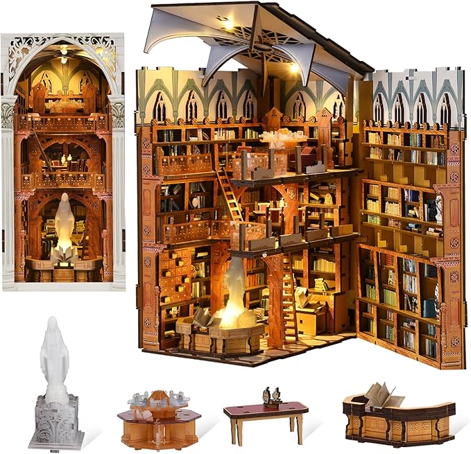 Book Nook Kit, DIY Miniature House Kit 3D Wooden Puzzle for Adults Booknook Kit with Dust Cover Book Decor Bookshelf Decoration Decorative Bookends Women Craft Gifts for Teens (Public Library)