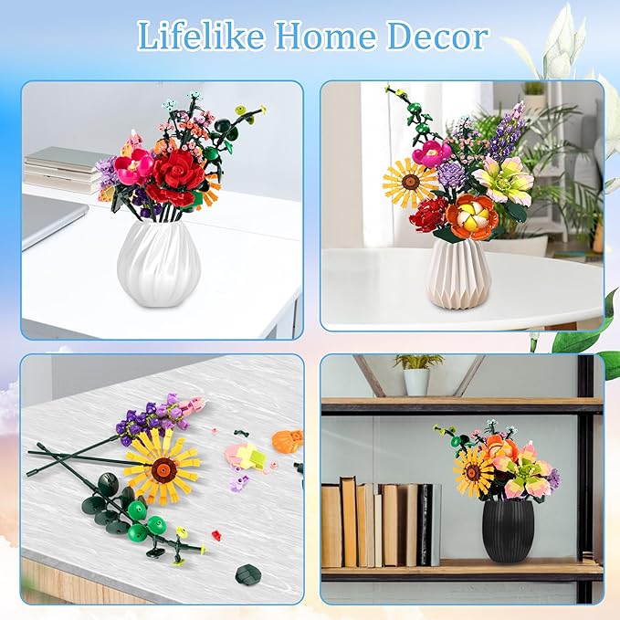 DIY Flower Bouquet Building Set, 845PCS Botanical Collection Building Toy for Kids, Girls, and Women - Perfect for Home Office Decor, Mother's Day, Valentine's Day, Birthdays