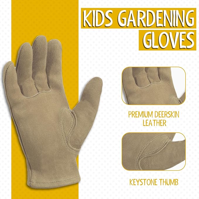 HANDLANDY Kids Genuine Leather Work Gloves for ages 3-11, Children Gardening Gloves for Boys, Girls (Large (age8-11), 2 pairs)