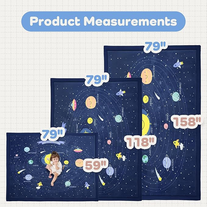 1.3" Thick Educational Baby Floor Play Mat 79x158, Basic Padded Memory Foam Kids Mat, Extra Large Non-Slip Plush Playmat for Nursery Playroom Classroom (Planet)