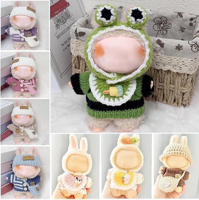 Clothes for Labubu 17cm Labubu Accessories Crochet 3 Piece Set Outfits for Labubu(Frog)