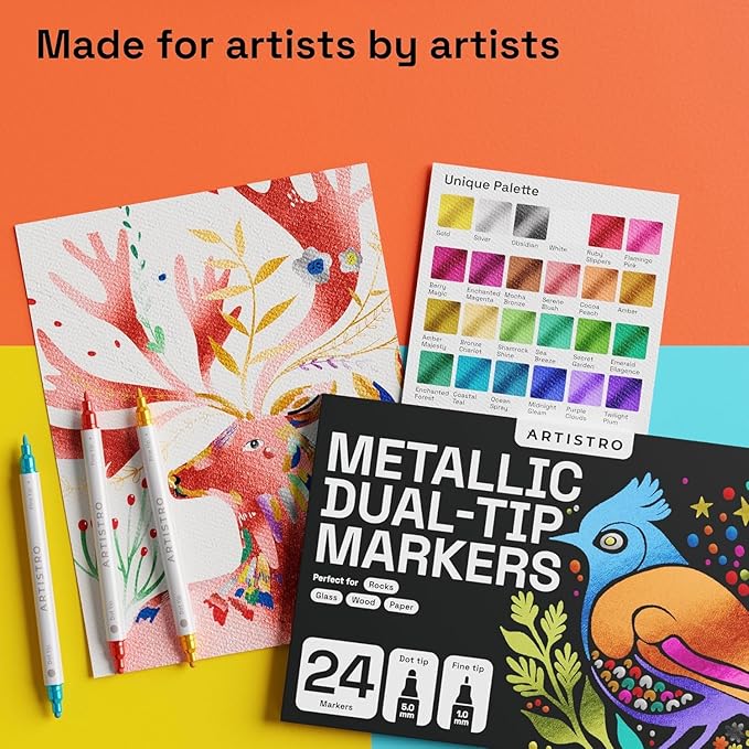ARTISTRO 24 Metallic Acrylic Paint Markers for Rock, Fabric, Wood, Glass, Craft, Decoration - Dual-Tip Paint Pens - Stocking Stuffers, Christmas Gift Idea for Teens, Grandkids, Kids - Art Supplies