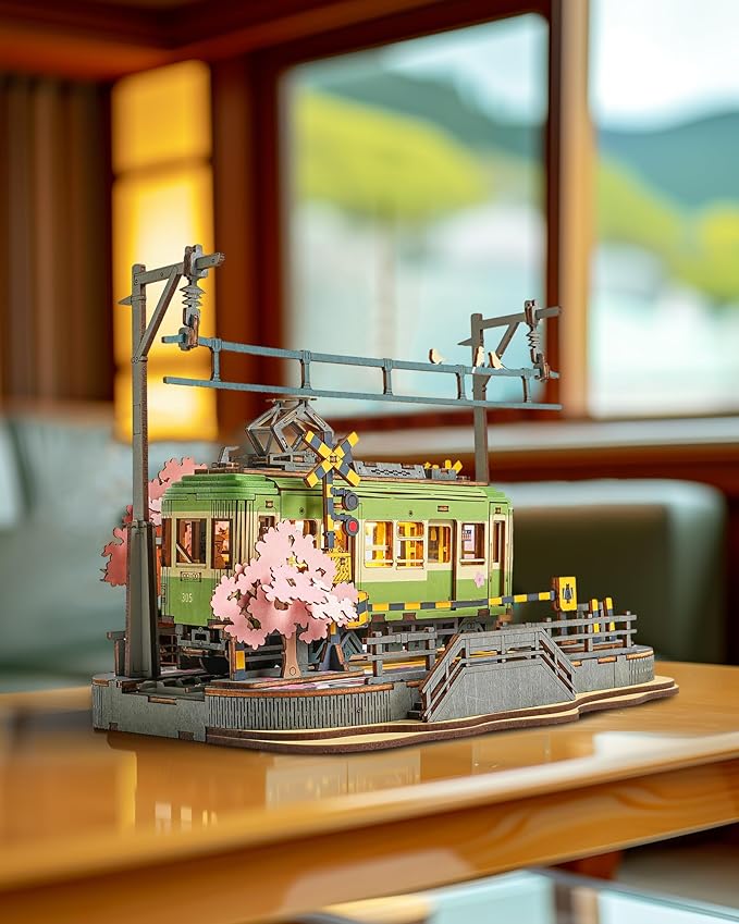ROBOTIME 3D Puzzles for Adults DIY Model Building Toy with LED Light Wooden Craft Kits Diorama Tram Hobby for Brain Teaser Gift (Sakura Journey)