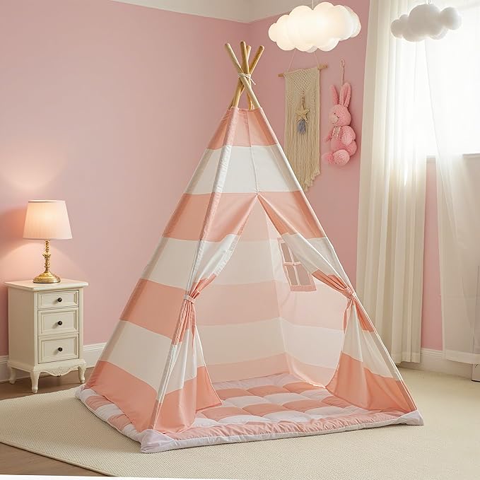 Teepee Tent for Kids with Padded Mat, Lights, and Carry Bag, Washable Playhouse for Indoor Use, Ideal Play Tent for Girls and Boys, Stripe Pink