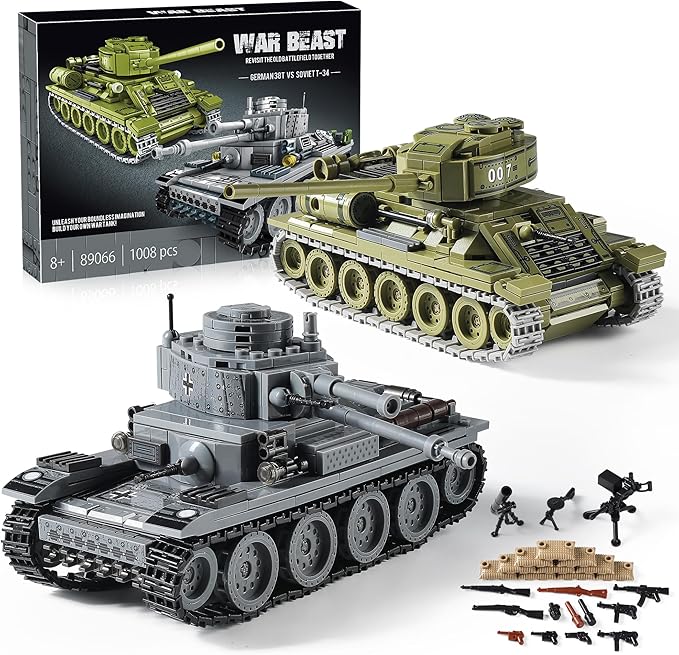 WW2 Army Tanks Toy Building Sets (1008 Pieces) Compatible with Lego, Create a Soviet T-34 & German Panzer 38(t) Tank, Great Military Model Toys Gift for Boys, Kids, and Teens Age 8+