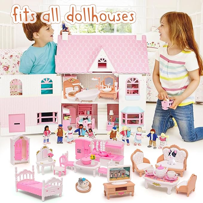 Doll House Mini Furniture 45 Pcs Dollhouse Furniture Set Accessories Pretend Play Bedroom Living Room Bathroom Kitchen for Kids Birthday and Christmas Mixed Color
