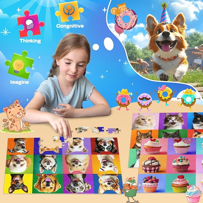 4 Packs 100 Piece Puzzles for Kids Ages 4-6 6-8 8-10, Dogs Cats Cupcakes Donuts Educational Jigsaw Puzzles, Kids Puzzles 4-6 Gifts for Girls Boys