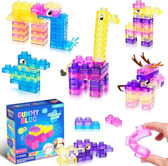 40 PCS Sensory Soft Building Blocks for Toddlers, Montessori Squishy Stacking Toy Set for Kids, Squeezable & Stretchable Early Learning Construction Playset, Multicolor Puzzle Blocks for Creative Play