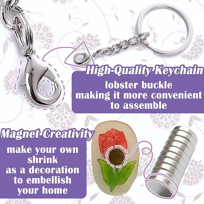 Vicentorra Shrinky Dink Sheets Keychain & Magnets Making Kit, Shrink Art Kit with 16 Plastic Sheets, Hole Punch, Pencils, Magnets, Tweezers, Keychains, Scissors, Paper Craft Kits